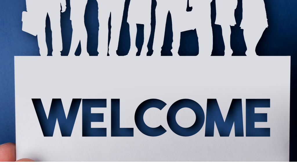 Illustration de l'onboarding en entreprise avec le mot Welcome et des silhouettes de nouveaux collaborateurs
