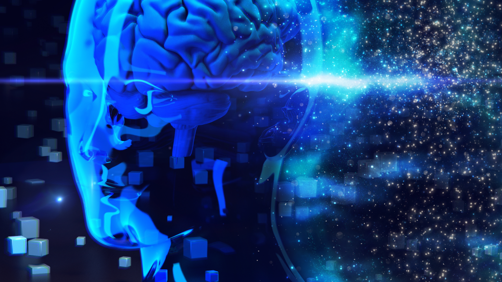Illustration d’un cerveau numérique en lumière bleue représentant les apports des neurosciences au management et à la motivation des équipes.